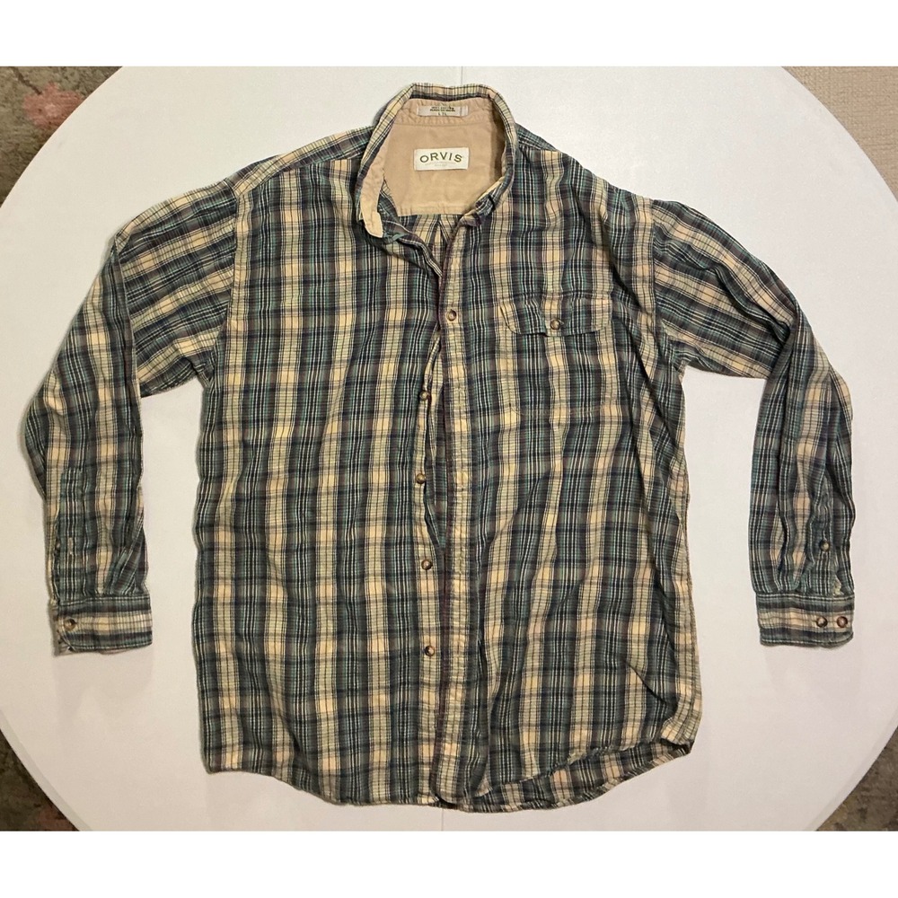 Orvis Men Plaid Button Down Shirt Long Sleeve Cotton Blue Green Tan Size L Tall